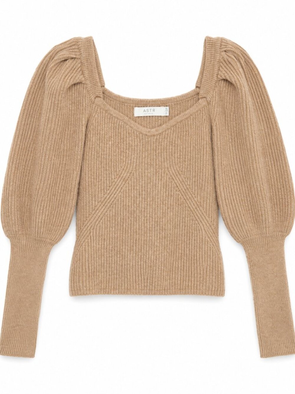 Like New ASTR The Label Ribbed Pufff Sleeve Sweater - Beige - Small - Retail $68